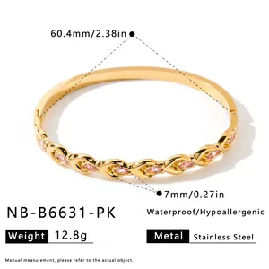 Premium gold-plated stainless steel bangle with pink zircon stones and dimension details