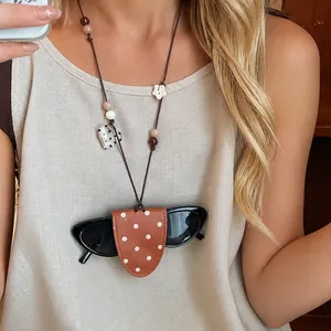 Korean style brown polka dot leather sunglasses pouch necklace for portable neck storage