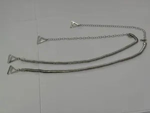 Detailed view of adjustable silver metal snake chain bra straps with sturdy triangle hooks