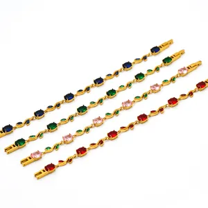 Bracelets dorés vintage français avec motif de vigne et cristaux ovales colorés