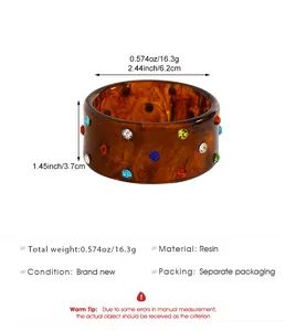 Dimensions and material specifications for this colorful amber resin rhinestone bangle