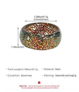 Detailed dimension view of colorful resin wide bangle showing measurements and material.