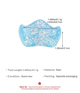 Detail view of blue resin bangle showing holographic flakes, dimensions, and material specs