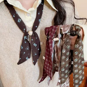 Elegant Korean style neckerchief scarf with pearl slide pendant for women fashion