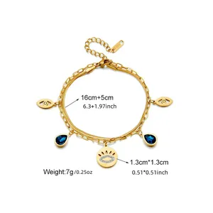 Detailansicht des vergoldeten Evil Eye Armbands mit Maß- und Gewichtsangaben.