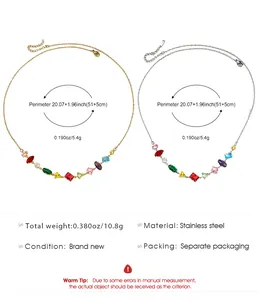 Technical detail view of colorful gemstone necklace with stainless steel material specs.