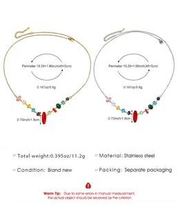 Detailed view of colorful gemstone necklace with stainless steel chain dimensions.