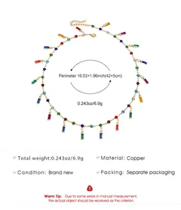 Detail showing colorful zircon necklace dimensions and copper material specifications.