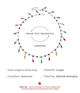 Detailed view of colorful zircon necklace with perimeter and material specifications