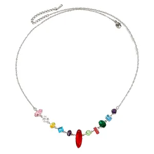 Elegant silver-tone necklace with a variety of colorful zircon gemstones for a sweet cool style