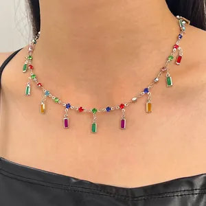 Close-up detail of a vibrant multi-colored zircon choker necklace worn by a model