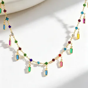Close-up of colorful zircon pendant necklace with vibrant square gemstones
