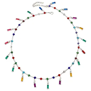 Detailed view of colorful zircon gemstone necklace with silver chain for women