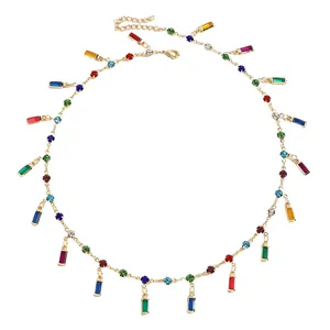 Niche designer colorful zircon choker necklace with gold-tone chain and baguette charms