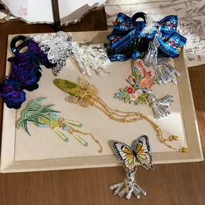 Traditional Chinese style butterfly embroidery hair clips with elegant tassels and bells