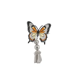 Traditional Chinese style embroidered butterfly hair clip with silver tassel and bells