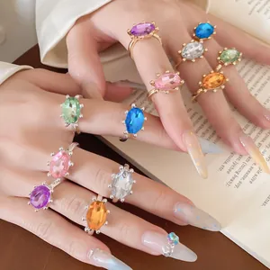 Geometrischer Eingelegter Strass Offener Ring Vintage Stil Verstellbar Legierung Oval Edelstein Fingerringe Mode Schmuck Damen