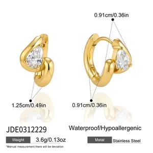 Gold-plated stainless steel double-layer hoop earrings featuring pear-shaped zircon stones