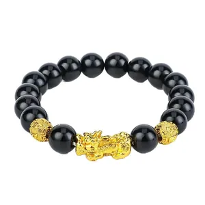 Traditional black obsidian beads bracelet with gold-plated Pixiu and mantra charms