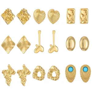 Set of vintage pleated geometric gold stud earrings in titanium steel for women