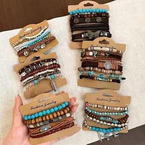 Boheems Etnisch Meerlagig Houten Kralen Armband Set Voor Dames Retro Legering Vlinder Veer Bedels Gevlochten Leer
