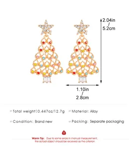 Detailed view of rhinestone Christmas tree earrings with specific size and material info