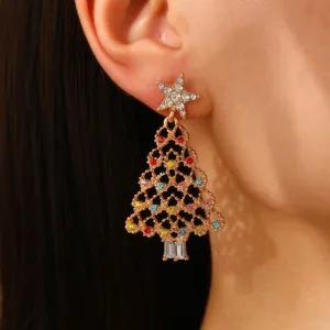Close-up of luxury Christmas tree earrings featuring colorful sparkling rhinestones