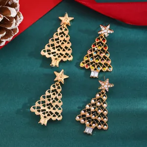 Close-up detail of festive gold Christmas tree earrings with colorful rhinestones.