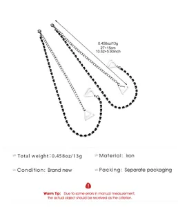 Detailed measurement view of black rhinestone lingerie shoulder strap fashion body chain