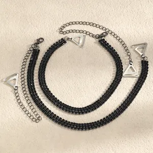 Elegant black rhinestone bra straps with adjustable silver metal chains for women