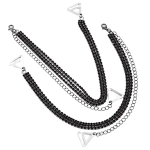 Triple row black rhinestone bra straps with silver metal hooks and adjustable chain