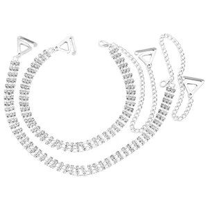 Sparkling rhinestone bra straps with silver metal chains and hooks for off-shoulder outfits.