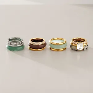 Collection of natural stone titanium steel rings with crystal and emerald cut zircon