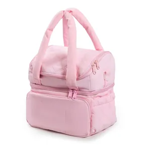 Détail du sac à déjeuner isotherme rose à double couche avec motif en losanges matelassés