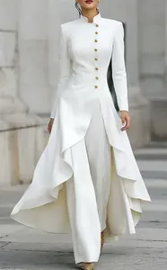Elegant white French style high-neck trousers and skirt set with decorative gold buttons