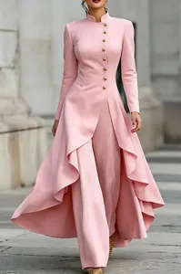 Elegant French style high neck buttoned pink pant suit with cascading ruffle hem