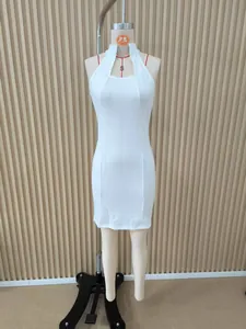 Elegant white bodycon dress featuring a high collar and halter neck design on mannequin.