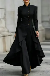Full view of elegant black French-style high-neck pantsuit with decorative gold buttons