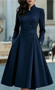 Elegant navy blue midi dress featuring decorative buttons and a stylish waist belt.