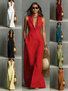 Collage showing sleeveless button-up shirt maxi dress in various vibrant summer colors