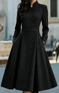 Elegant black midi dress with buttons and belt, detailed A-line silhouette