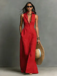 Full-length view of a vibrant red sleeveless button-down shirt maxi dress on model.