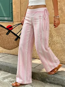 Women's Casual Striped Wide Leg Pants Comfortable Low Waist Lace-up Vacation Style Straight Trousers For Summer Daily Wear