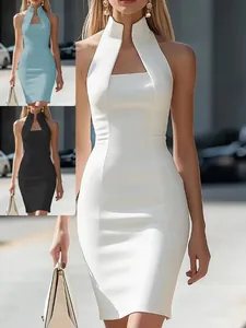 Women's Elegant Stand Collar Halter Sleeveless Bodycon Mini Dress Summer Sexy Solid Color Slim Fit Knitted Polyester Spandex Dress