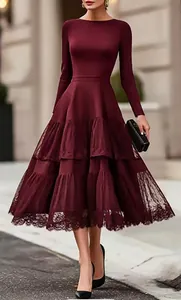 Elegant burgundy long sleeve mesh tiered dress with French Hepburn style for autumn wear.