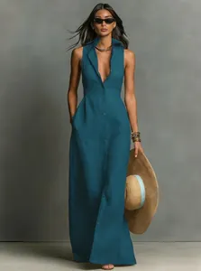 Elegant sleeveless teal maxi dress with shirt collar and front button-down design