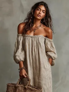 Close-up of an elegant off-the-shoulder striped dress for women with casual summer vibes