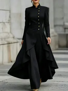 Elegant French style black long dress set with high collar and decorative gold buttons