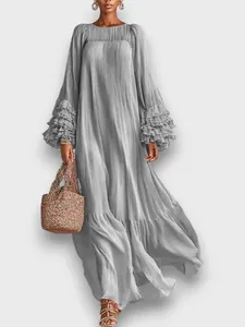 Vestito Lungo da Donna Elegante con Girocollo e Maniche con Volant in Poliestere Tinta Unita Manica Lunga Pieghettato