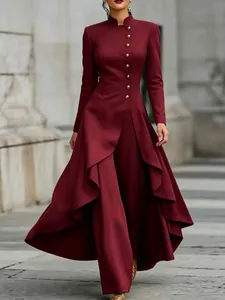Elegant French wine red two-piece set with high neck and decorative button ruffled tunic pants